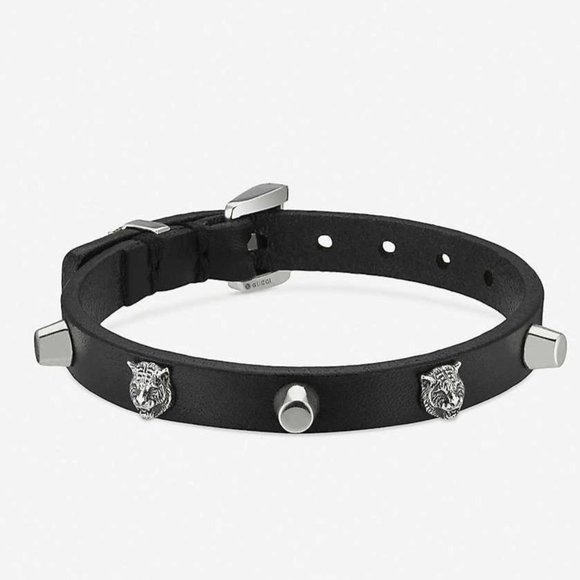 Gucci Studded Feline Head Leather Bracelet Black